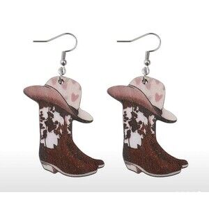 Western Cowboy Boot & Hat Wood Dangle Earrings – Rustic Western Style